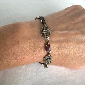 Sterling Silver 925 Multi Gemstone Marcasite Floral Link Bracelet 7.25"